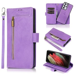 Zipper Pocket Wallet 9 Card Slots Stand For Samsung Case Purple