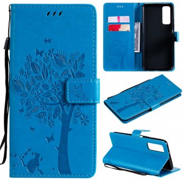 Huawei P Smart 2021 Embossed Tree Cat Butterfly Wallet Stand Case Blue
