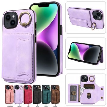 For iPhone 14 Card Holder Ring Kickstand PU Leather Case Purple