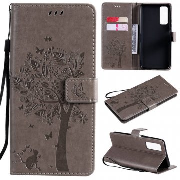 Huawei P Smart 2021 Embossed Tree Cat Butterfly Wallet Stand Case Gray