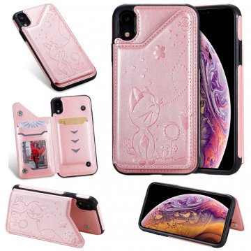 iPhone XR Bee and Cat Embossing Magnetic Card Slots Stand Cover Rose Gold