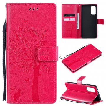 Samsung Galaxy S20 FE Embossed Tree Cat Butterfly Wallet Stand Case Rose
