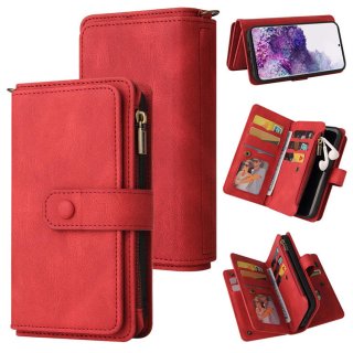 For Samsung Galaxy S20 Wallet 15 Card Slots Case with Wrist Strap Red