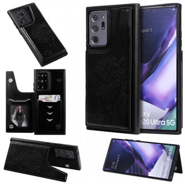 Samsung Galaxy Note 20 Ultra Embossed Tree Cat Magnetic Clasp Wallet Stand Case Black