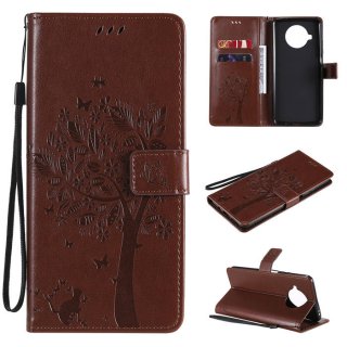 Xiaomi Mi 10T Lite Embossed Tree Cat Butterfly Wallet Stand Case Brown