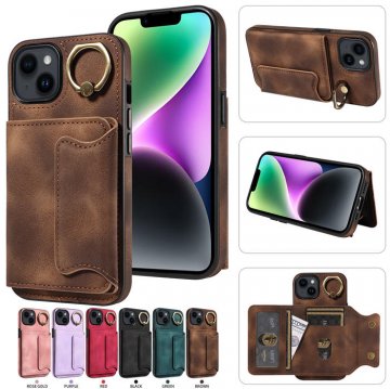 For iPhone 13 Card Holder Ring Kickstand PU Leather Case Coffee