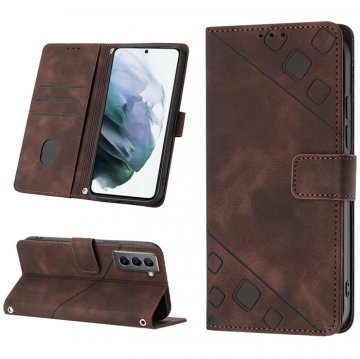 Skin-friendly Samsung Galaxy S21 Wallet Stand Case with Wrist Strap Coffee