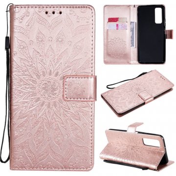 Huawei P Smart 2021 Embossed Sunflower Wallet Magnetic Stand Case Rose Gold