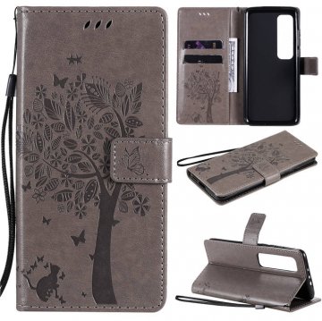 Xiaomi Mi 10 Ultra Embossed Tree Cat Butterfly Wallet Stand Case Gray