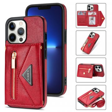 Crossbody Zipper Wallet iPhone 13 Pro Max Case With Strap Red