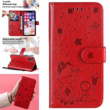 iPhone XS/X Embossed Cat Bee Wallet Magnetic Stand Case Red