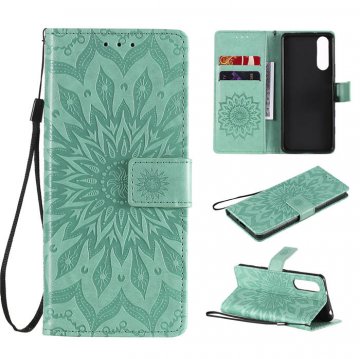 Sony Xperia 5 II Embossed Sunflower Wallet Magnetic Stand Case Green