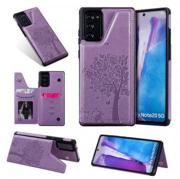 Samsung Galaxy Note 20 Embossed Tree Cat Magnetic Clasp Wallet Stand Case Purple