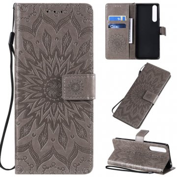 Sony Xperia 1 II Embossed Sunflower Wallet Stand Case Gray