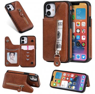 iPhone 12 Mini Zipper Pocket Card Slots Magnetic Clasp Stand Case Brown