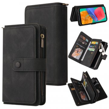 Samsung Galaxy M33 Wallet 15 Card Slots Case with Wrist Strap Black