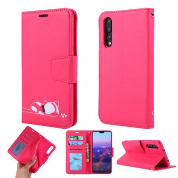 Huawei P20 Pro Cat Pattern Wallet Magnetic Stand Case Red