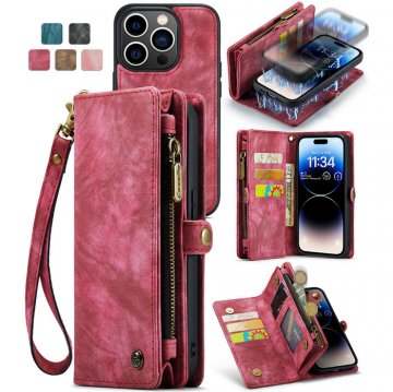 CaseMe iPhone 14 Pro Zipper Wallet Case with Wrist Strap Red