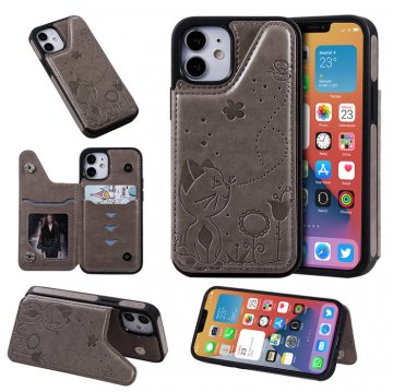 iPhone 12 Mini Luxury Bee and Cat Magnetic Card Slots Stand Cover Gray