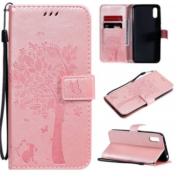 Xiaomi Redmi 9A Embossed Tree Cat Butterfly Wallet Stand Case Rose Gold