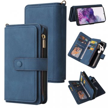 For Samsung Galaxy S20 Plus Wallet 15 Card Slots Case with Wrist Strap Blue
