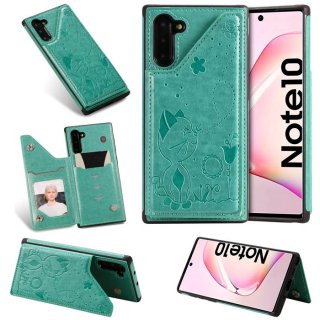 Samsung Galaxy Note 10 Bee and Cat Card Slots Stand Cover Green