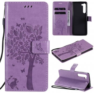 Motorola Edge Embossed Tree Cat Butterfly Wallet Stand Case Lavender