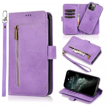 Zipper Pocket Wallet 9 Card Slots with Wrist Strap For iPhone Case Purple