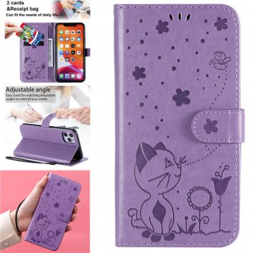 iPhone 11 Pro Max Embossed Cat Bee Wallet Magnetic Stand Case Purple