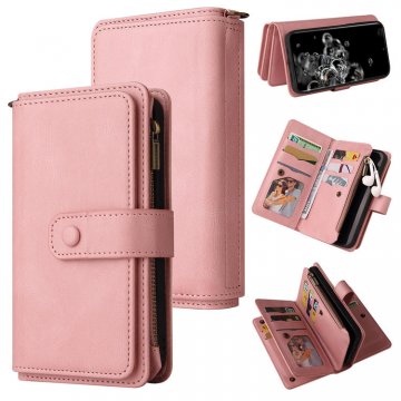 For Samsung Galaxy S20 Ultra Wallet 15 Card Slots Case with Wrist Strap Pink