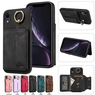 For iPhone XR Card Holder Ring Kickstand PU Leather Case Black
