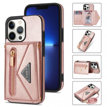 Crossbody Zipper Wallet iPhone 13 Pro Case With Strap Rose Gold