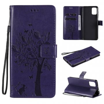 Motorola Moto G9 Plus Embossed Tree Cat Butterfly Wallet Stand Case Purple