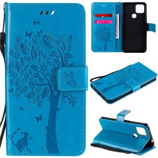 Google Pixel 4A 5G Embossed Tree Cat Butterfly Wallet Stand Case Blue