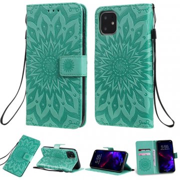 iPhone 11 Embossed Sunflower Wallet Stand Case Green