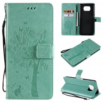 Xiaomi Poco X3 NFC Embossed Tree Cat Butterfly Wallet Stand Case Green