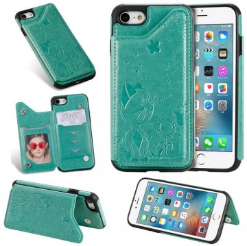 iPhone 7/8 Bee and Cat Embossing Magnetic Card Slots Stand Cover Green