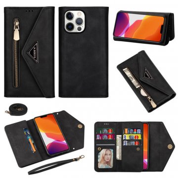 iPhone 13 Pro Crossbody Lanyard Zipper Pocket Wallet Case Black