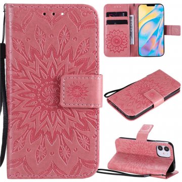 iPhone 12 Embossed Sunflower Wallet Magnetic Stand Case Pink