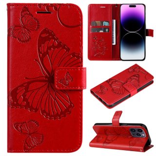 Embossed Butterfly Wallet Kickstand Magnetic Phone Case Red