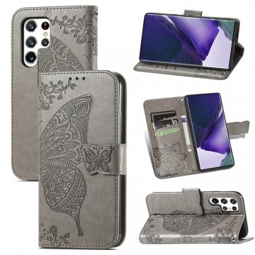 Butterfly Embossed Leather Wallet Kickstand Case Gray For Samsung