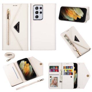 Samsung Galaxy S21/S21 Plus/S21 Ultra Crossbody Strap Zipper Wallet Case White