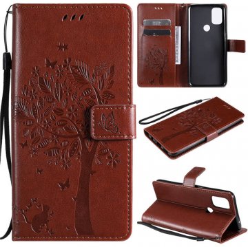 OnePlus Nord N10 5G Embossed Tree Cat Butterfly Wallet Stand Case Brown