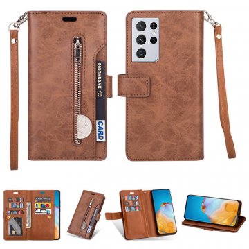 Samsung Galaxy S21/S21 Plus/S21 Ultra Zipper Pocket Wallet Stand Case Brown