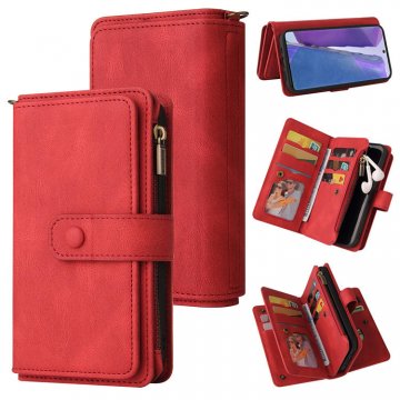 For Samsung Galaxy Note 20 Wallet 15 Card Slots Case with Wrist Strap Red