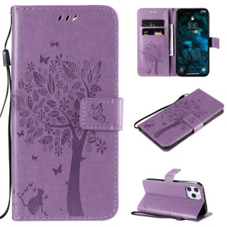 iPhone 12 Pro Max Embossed Tree Cat Butterfly Wallet Stand Case Lavender