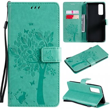 Huawei P Smart 2021 Embossed Tree Cat Butterfly Wallet Stand Case Green