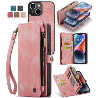 CaseMe iPhone 14 Zipper Wallet Case with Wrist Strap Pink