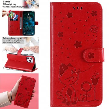 iPhone 12 Pro Max Embossed Cat Bee Wallet Magnetic Stand Case Red