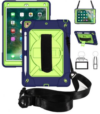 iPad 9.7 inch 2018/2017 Kickstand Hand Strap and Detachable Shoulder Strap Cover Navy Blue + Olivine